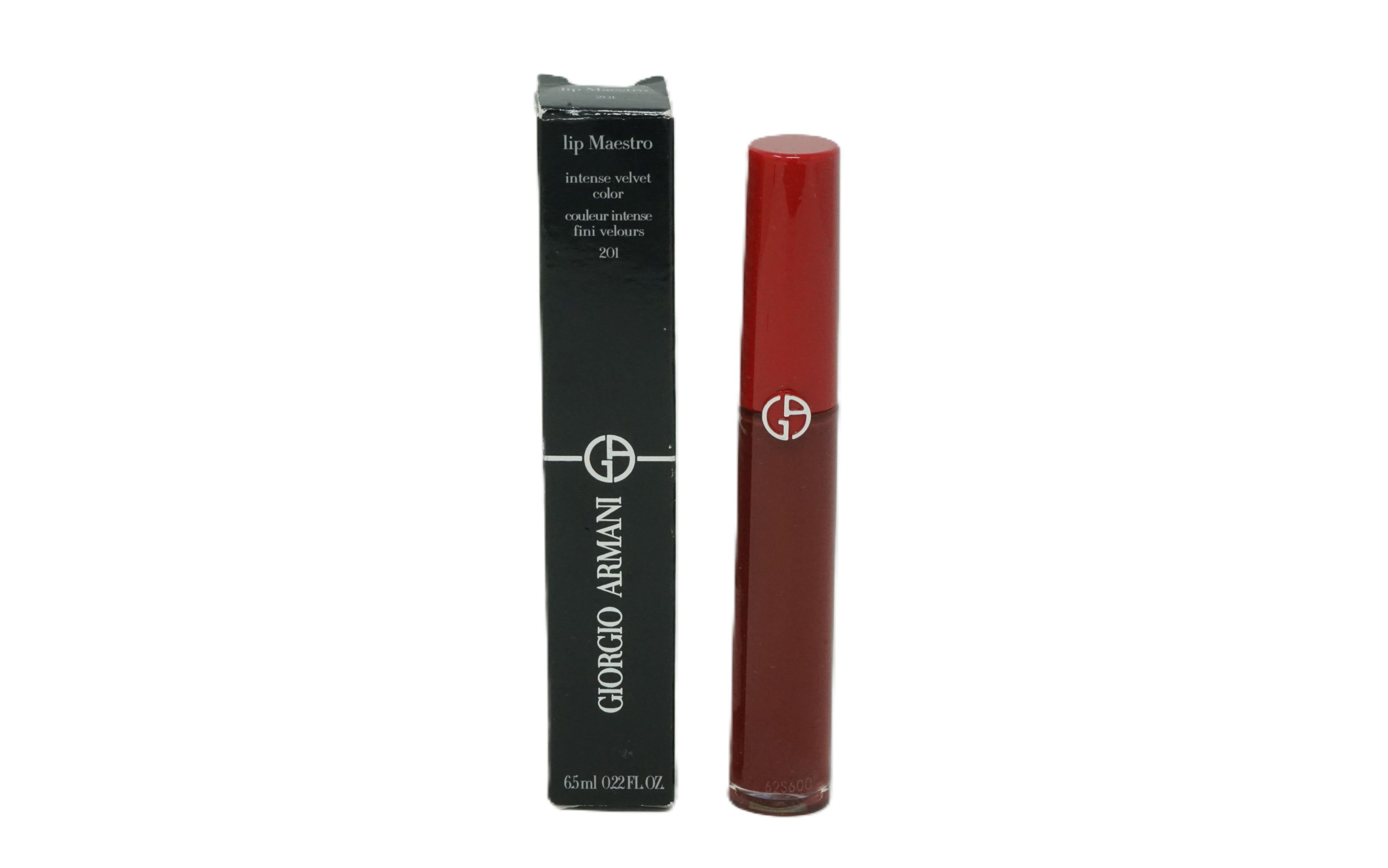 Giorgio Armani Lip Maestro, samtiger Lippenstift in Rot. Mit schwarzer Verpackung, Markenlogo und Produktbezeichnung.