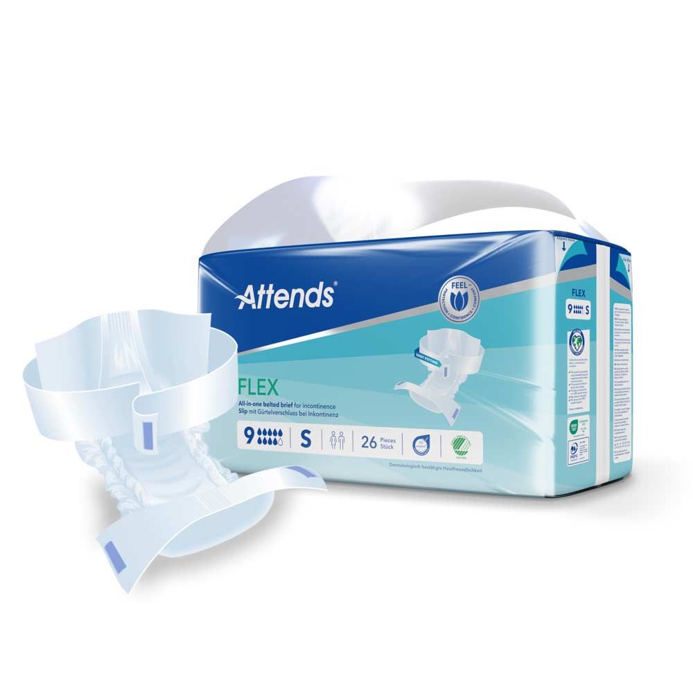 Attends Flex 9, Größe S, Inkontinenzprodukt. Packung mit 26 Stück. Produkt und Verpackung mit Logo und Produktbezeichnung.
