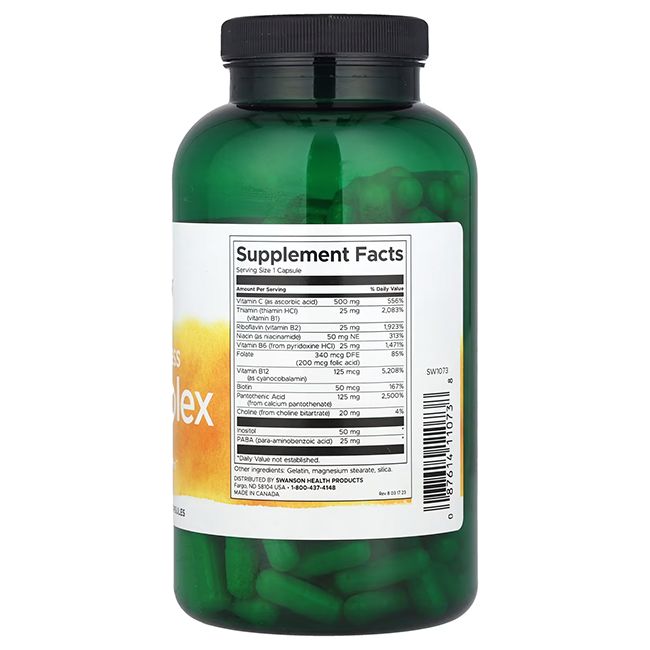 Grüne Kapseln in einer grünen Flasche. Aufkleber mit Nährwertangaben. Enthält Vitamin C und B-Komplex. Hergestellt in Kanada.