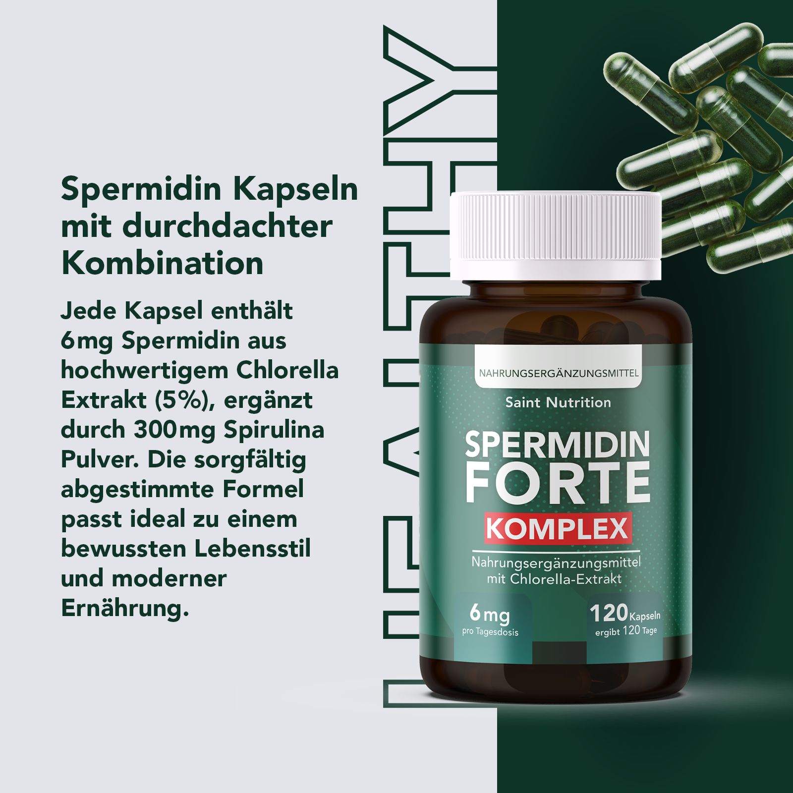 Produktflasche neben Kapseln. Text: Spermidin Forte Komplex. 120 Kapseln. Nahrungsergänzungsmittel. Grün-weißer Hintergrund.