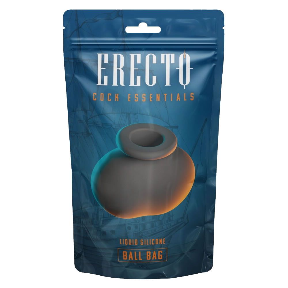 Verpackung mit Produkt. Aufschrift: ERECTO, COCK ESSENTIALS, BALL BAG. Produkt aus flüssigem Silikon. Dunkelgrau und orangefarben.