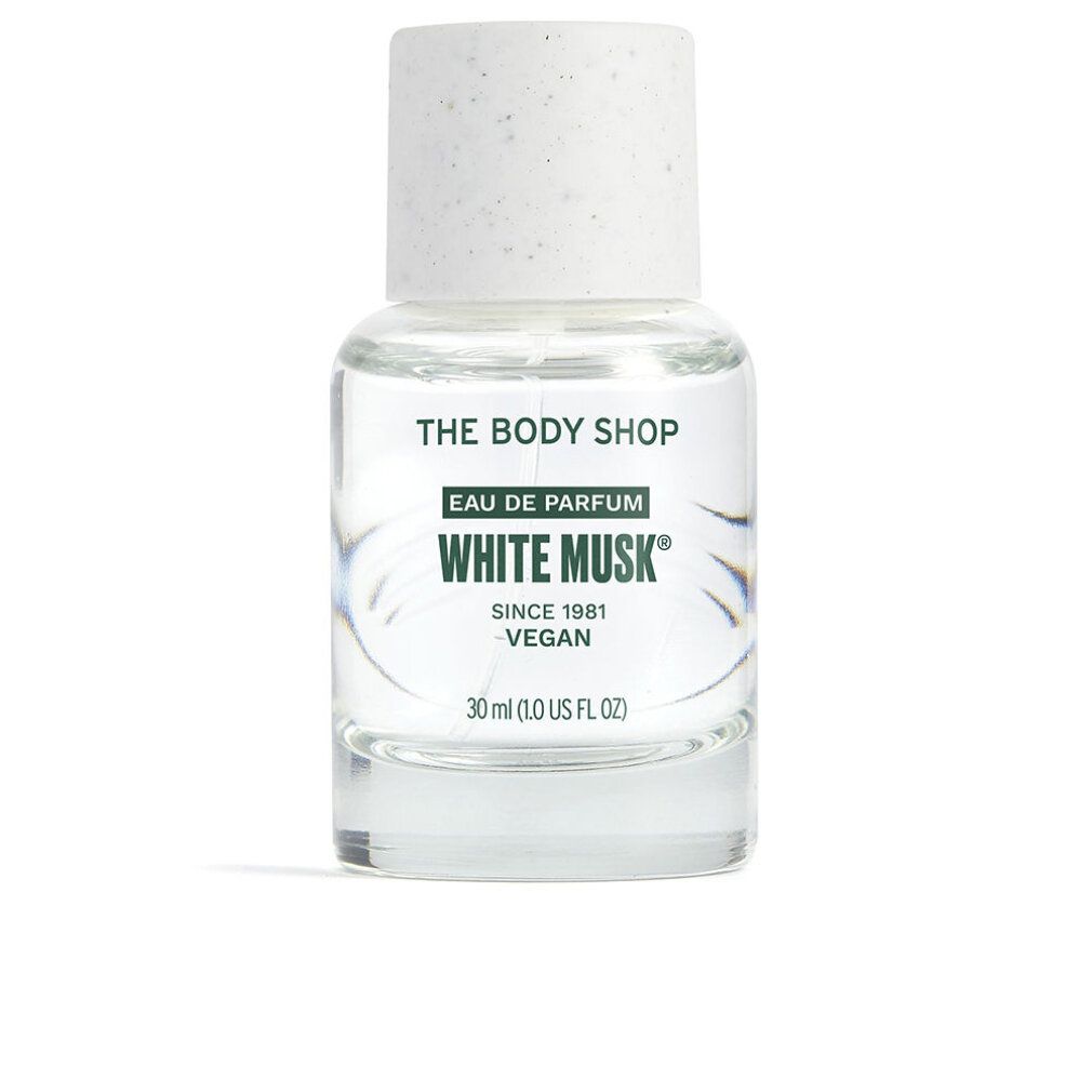 Parfümflasche mit weißem Deckel. Aufschrift: White Musk, Vegan. Marke: The Body Shop. 30 ml.