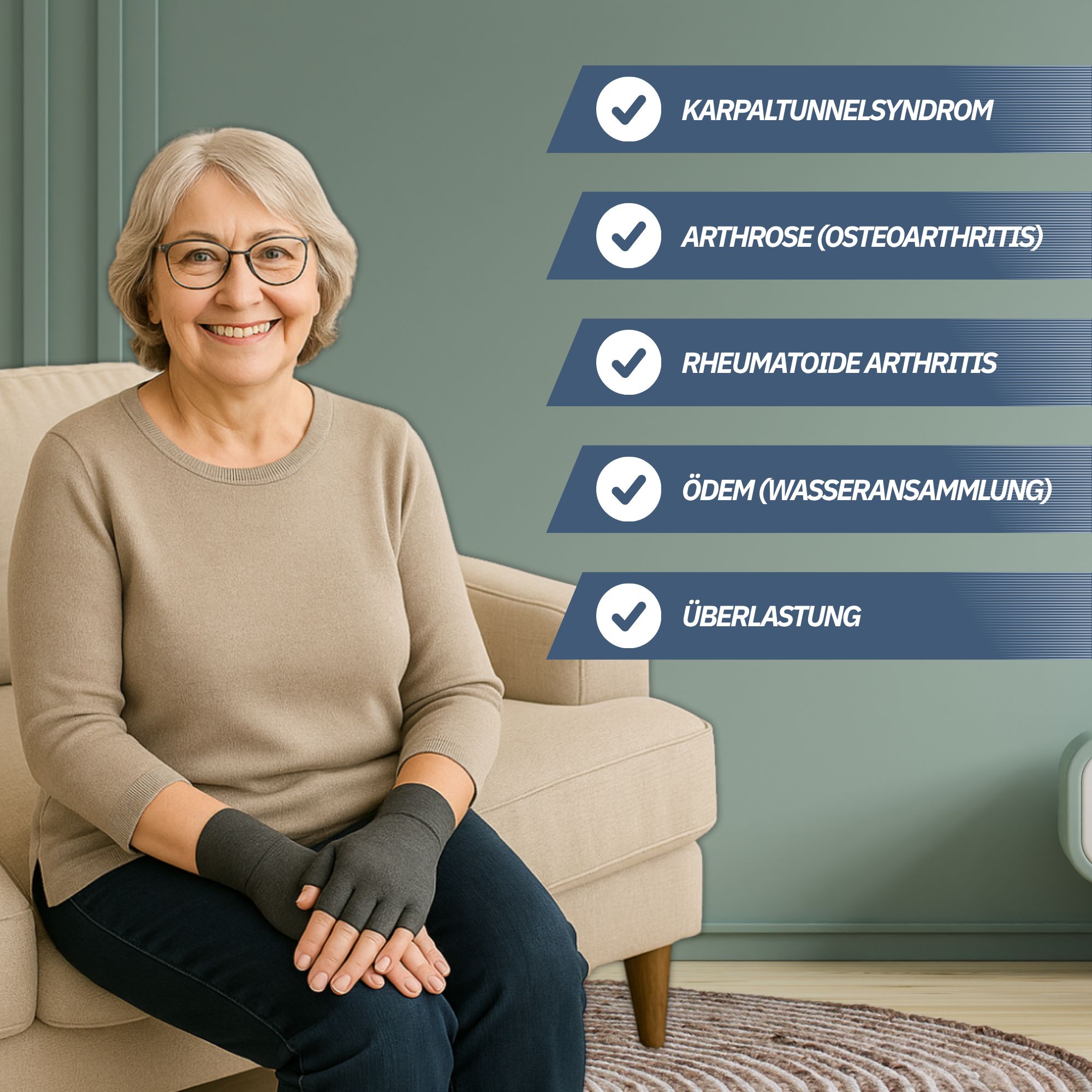 Frau mit Kompressionshandschuhen, die für Karpaltunnelsyndrom, Arthrose und Überlastung geeignet sind.