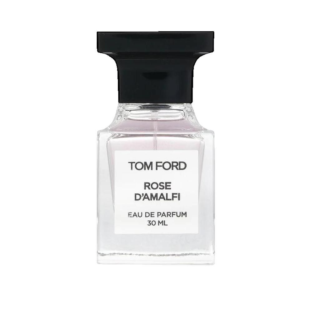 Parfumflakon mit schwarzem Verschluss. Weißes Etikett mit Schriftzug: Rose D'Amalfi, 30 ml.