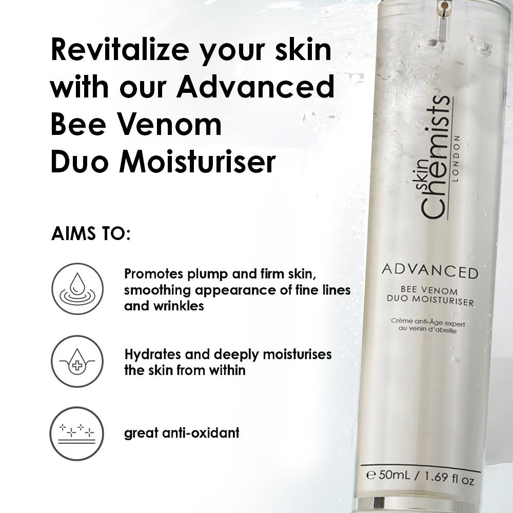 Flasche mit "skinChemists London" und "ADVANCED Bee Venom Duo Moisturiser". Text: Revitalisieren Sie Ihre Haut.