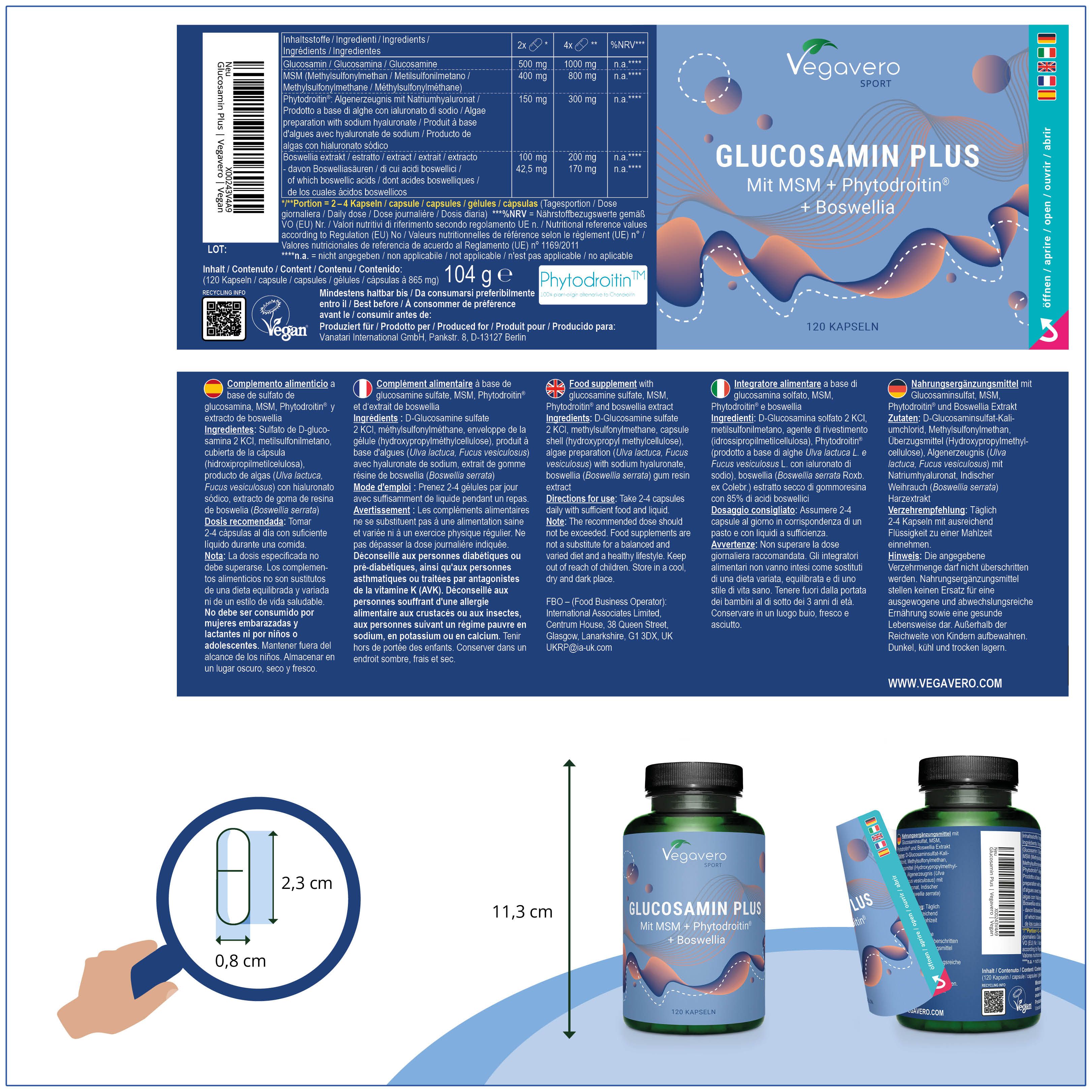 Produktverpackung mit Flasche und Beipackzettel. Flasche: Glucosamin Plus, Vegavero. Beipackzettel mit Informationen in mehreren Sprachen.