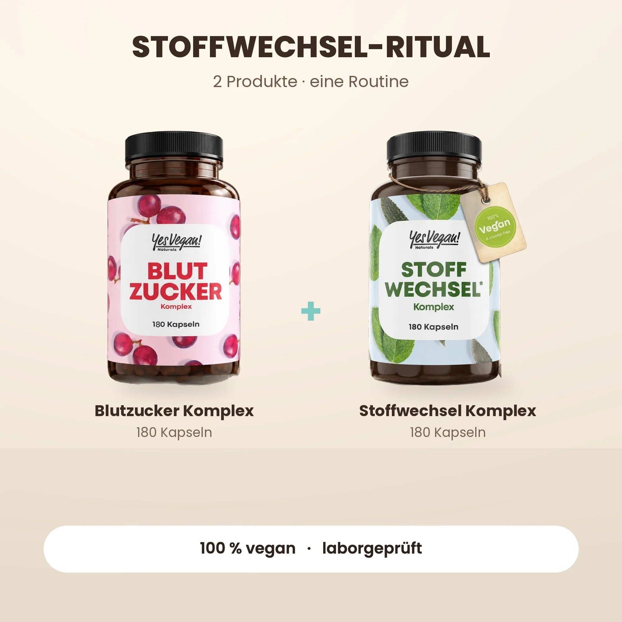 Zwei Flaschen YesVegan! Nahrungsergänzungsmittel: Lions Mane und Vitamin B12 Komplex.