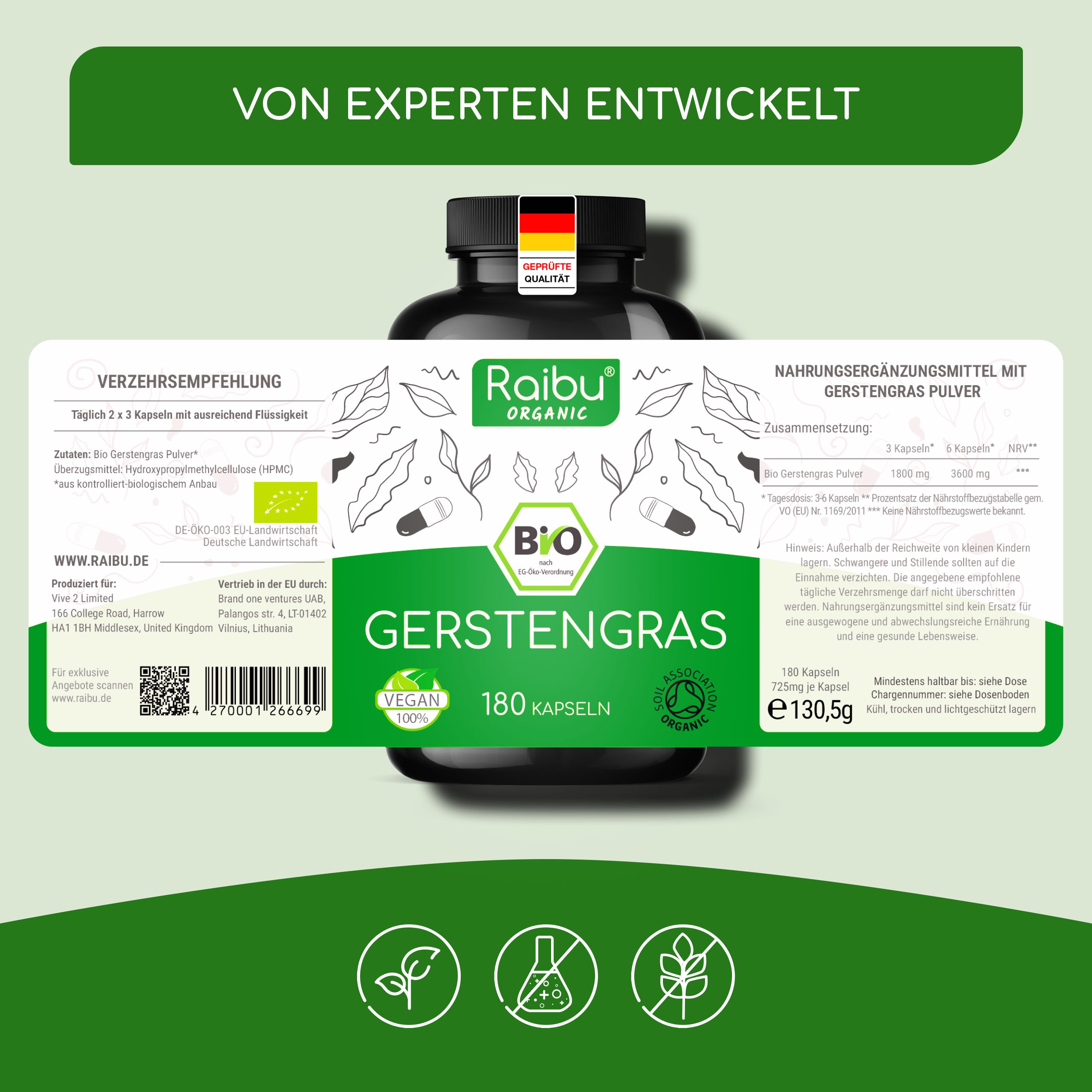 Flasche mit "GERSTENGRAS" und Etikett mit Informationen. BIO-Zertifizierung, 180 Kapseln, Vegan-Siegel. Text: "VON EXPERTEN ENTWICKELT".