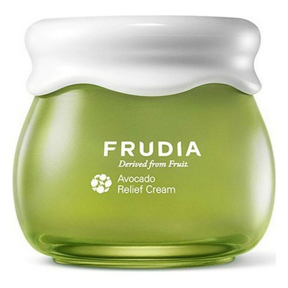Frudia Avocado Relief Cream in einem glänzend grünen Tiegel mit weißem Deckel.