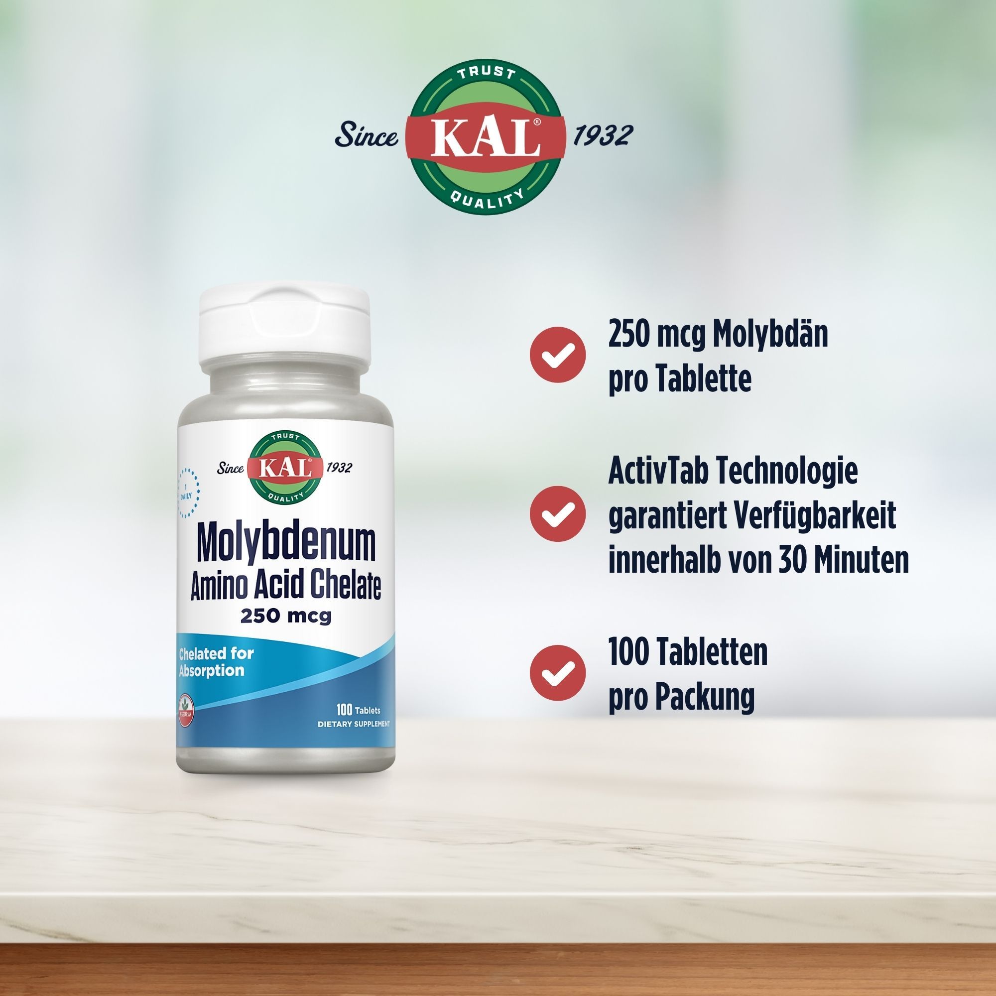 Weiße Flasche KAL Molybdän 250 mcg. Text: 250 mcg pro Tablette, ActivTab Technologie, 100 Tabletten.