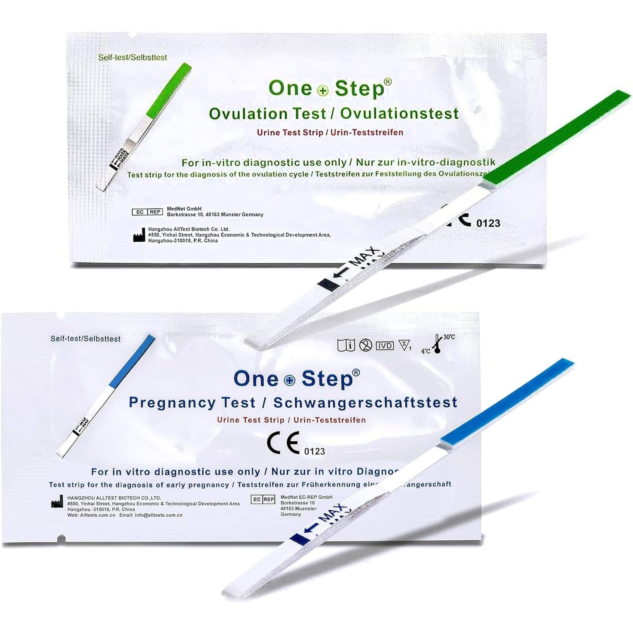 Ovulationstest und Schwangerschaftstest. Teststreifen mit grünen und blauen Griffen. Verpackung mit Produktnamen und Informationen.