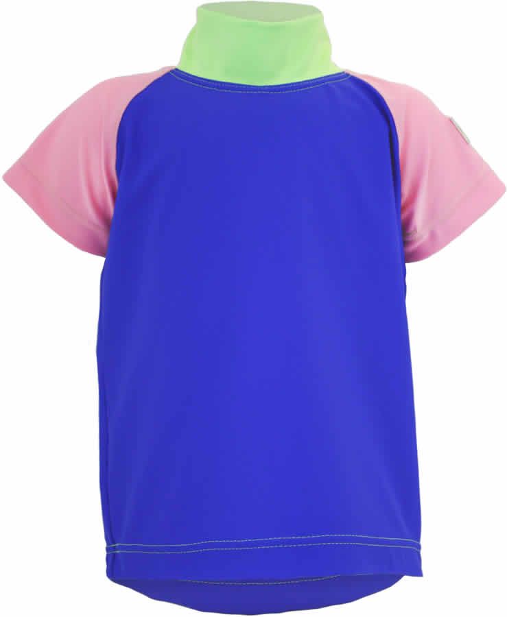 UV-Schutz-T-Shirt, blau, pink und grün. Kurzärmliges Shirt mit hohem Kragen. Rückansicht.