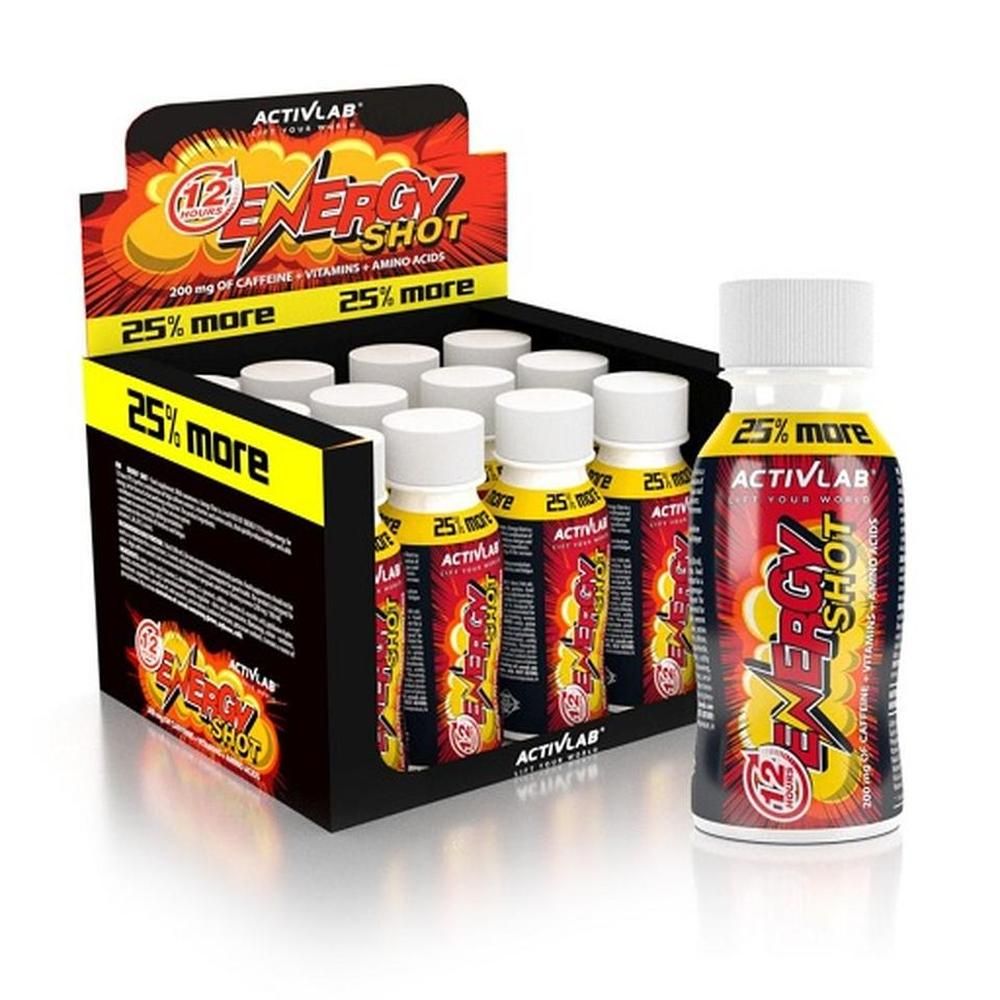 Verpackung mit Energy Shot-Fläschchen. Schwarzer Karton mit gelben und roten Akzenten. Einzelne Flasche mit weißem Deckel.