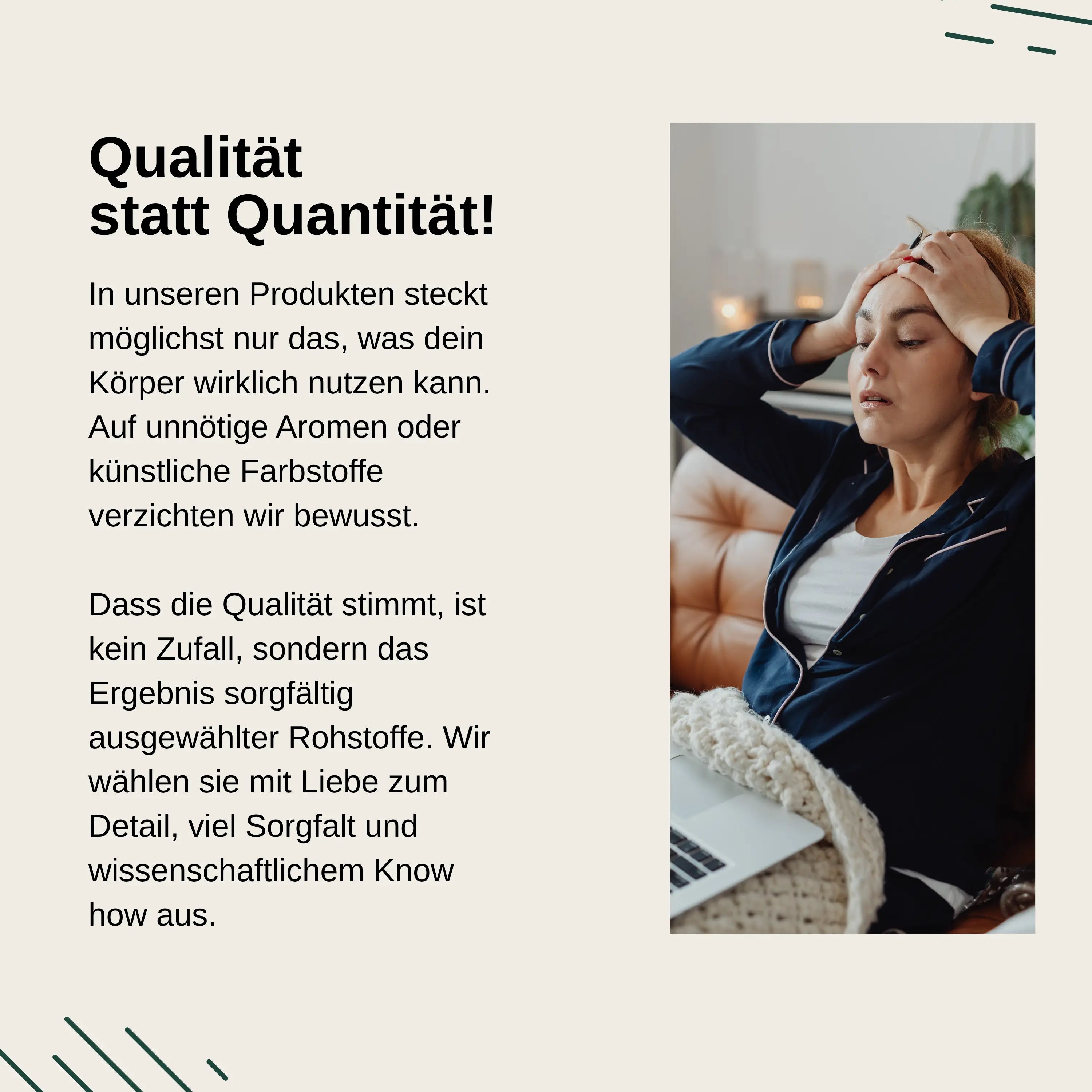 Frau mit Kopfschmerzen neben Text über Qualität statt Quantität bei Vita Elements Produkten.