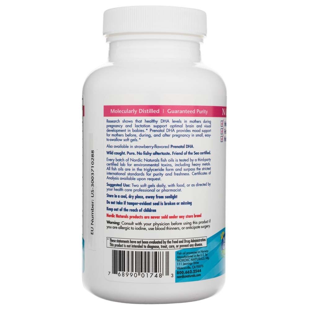Rückseite der Nordic Naturals Prenatal DHA Flasche mit Anwendungshinweisen und Warnungen.