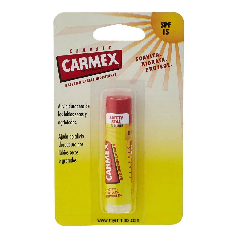 Carmex Lippenpflegestift in Blisterverpackung. Aufschrift: Carmex Classic, SPF 15.