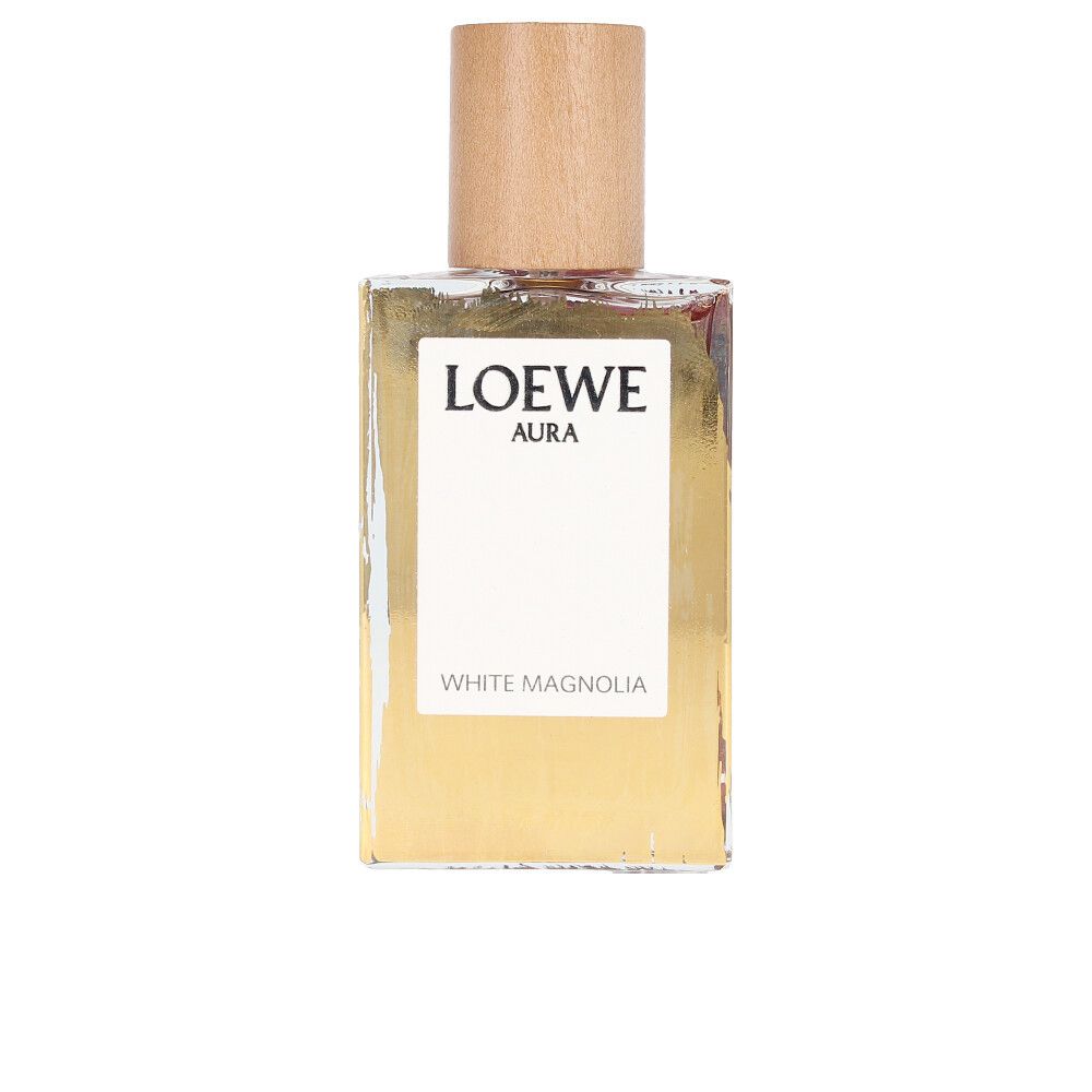 Loewe Aura White Magnolia Eau de Parfum Flakon. Rechteckiger Flakon mit Holzverschluss. Logo und Produktname auf weißem Etikett.