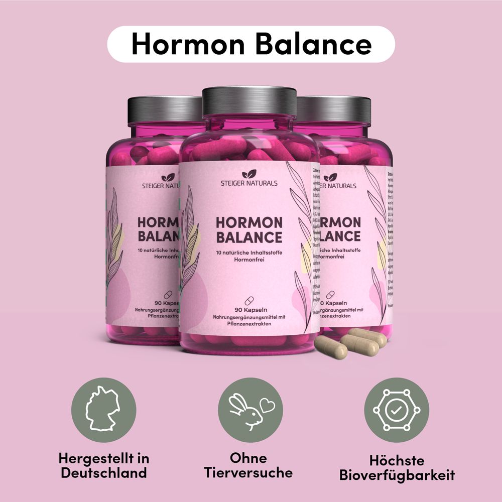 Drei Flaschen Hormon Balance. Aufschrift: Hormon Balance, 90 Kapseln. Logos: Hergestellt in Deutschland, ohne Tierversuche, höchste Bioverfügbarkeit.