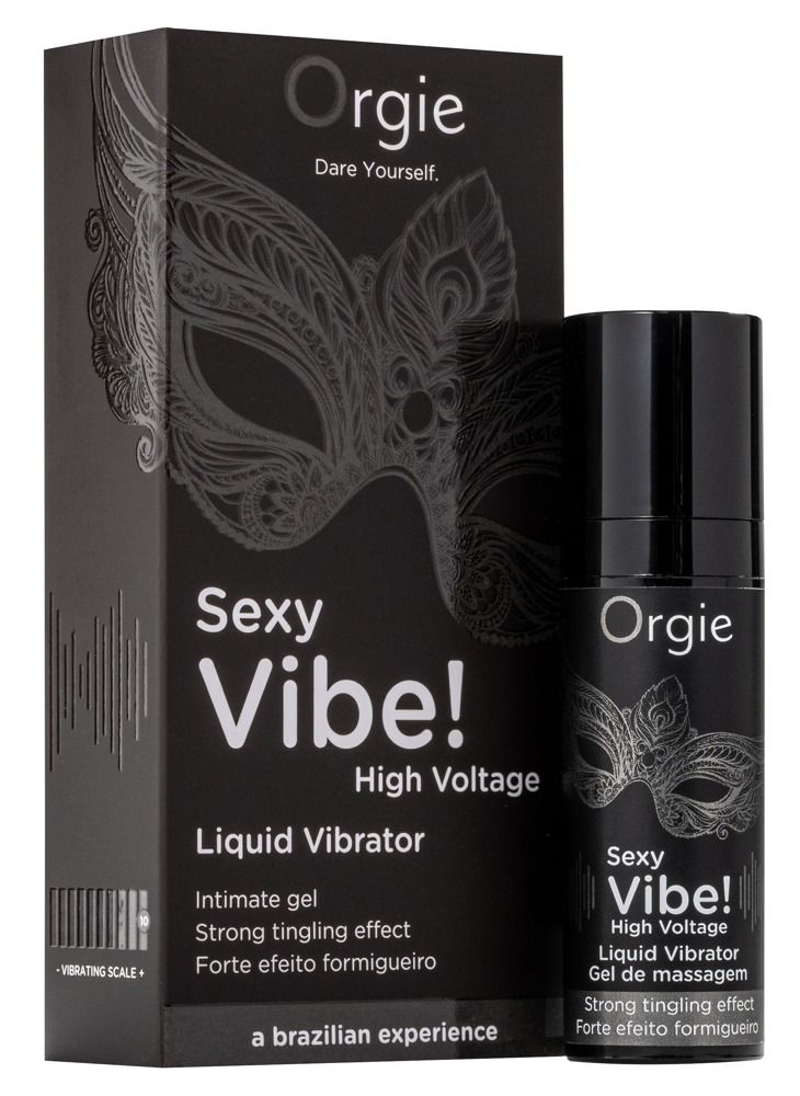 Schwarze Verpackung und Flasche. Aufschrift "Orgie Sexy Vibe! High Voltage Liquid Vibrator". Masken-Design.