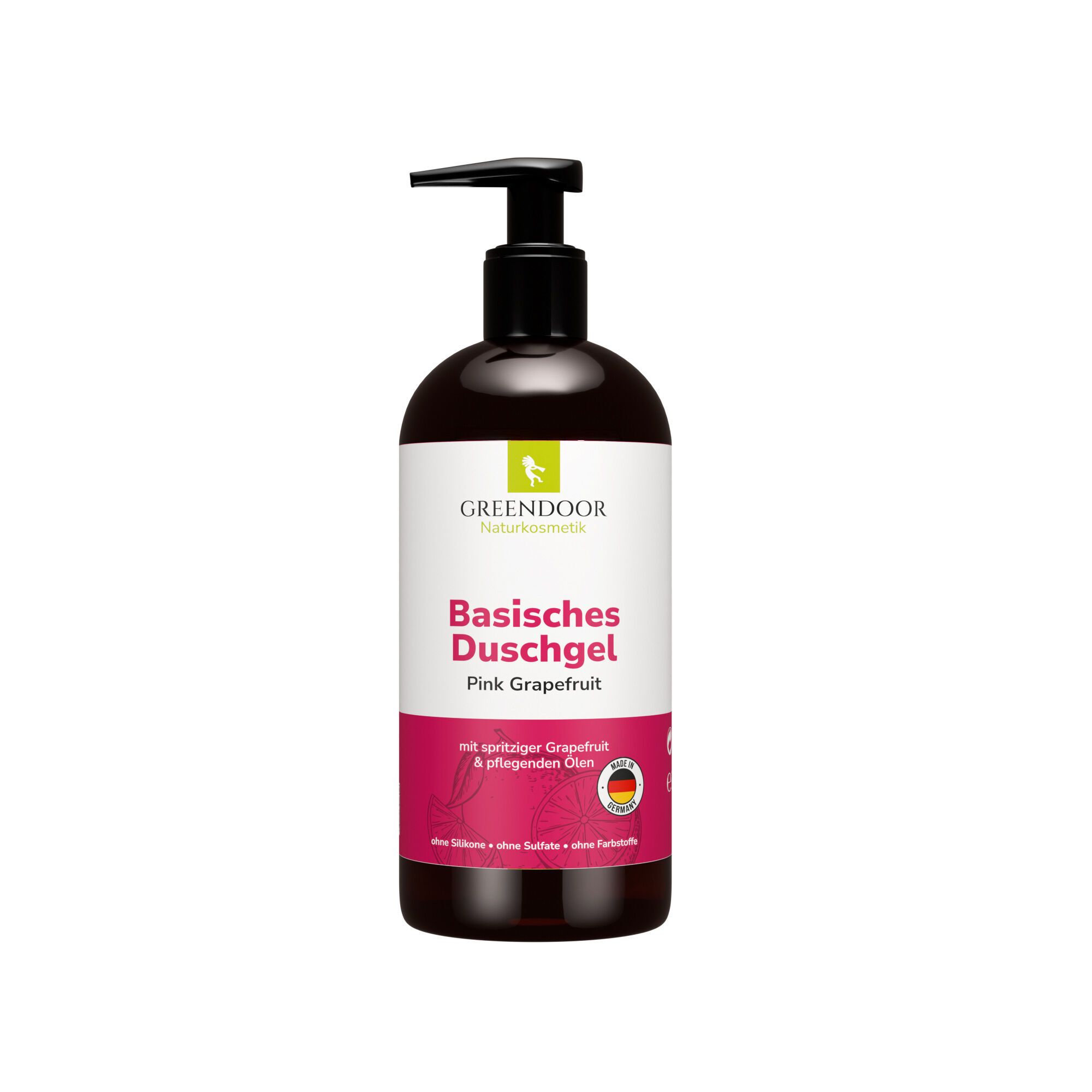 GREENDOOR Basisches Duschgel Pink Grapefruit in dunkler Flasche mit Pumpspender.