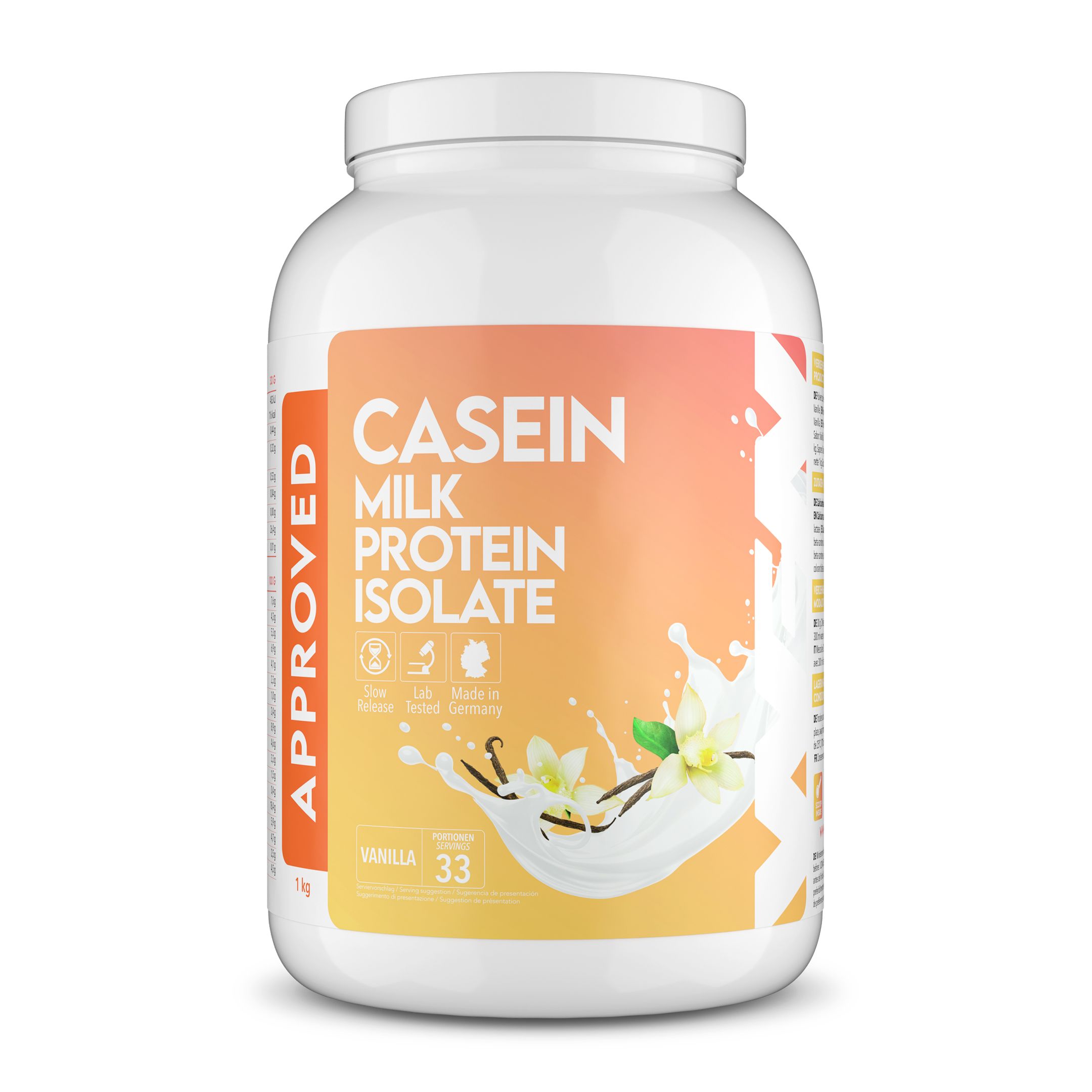 Weiße Dose Casein Milk Protein Isolate. Aufschrift: APPROVED, Casein, Milk Protein Isolate, Vanille, 33 Portionen. Abbildung von Milch und Vanille.