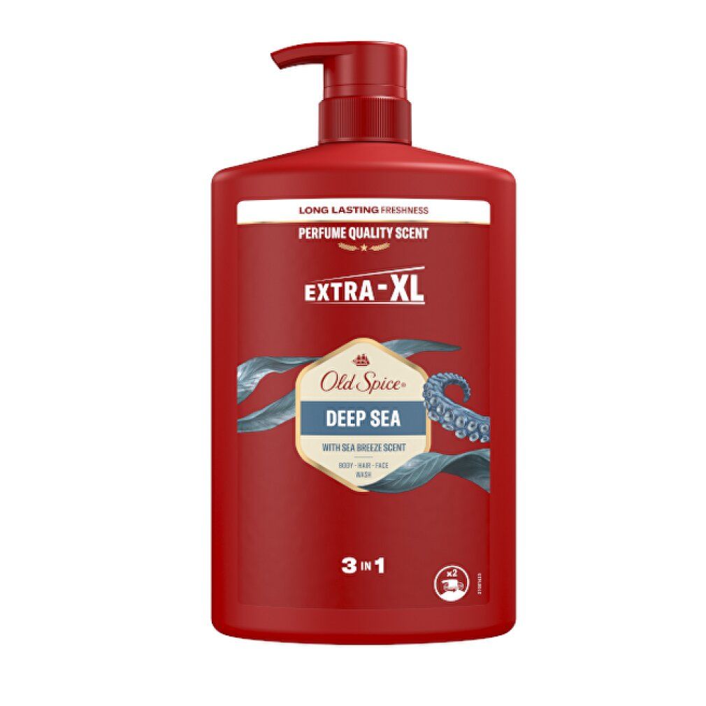 Rote Flasche mit Dosierpumpe. Aufschrift: Old Spice Deep Sea, Extra-XL, 3 in 1. Mit Meeresmotiven und Text. Lang anhaltende Frische.