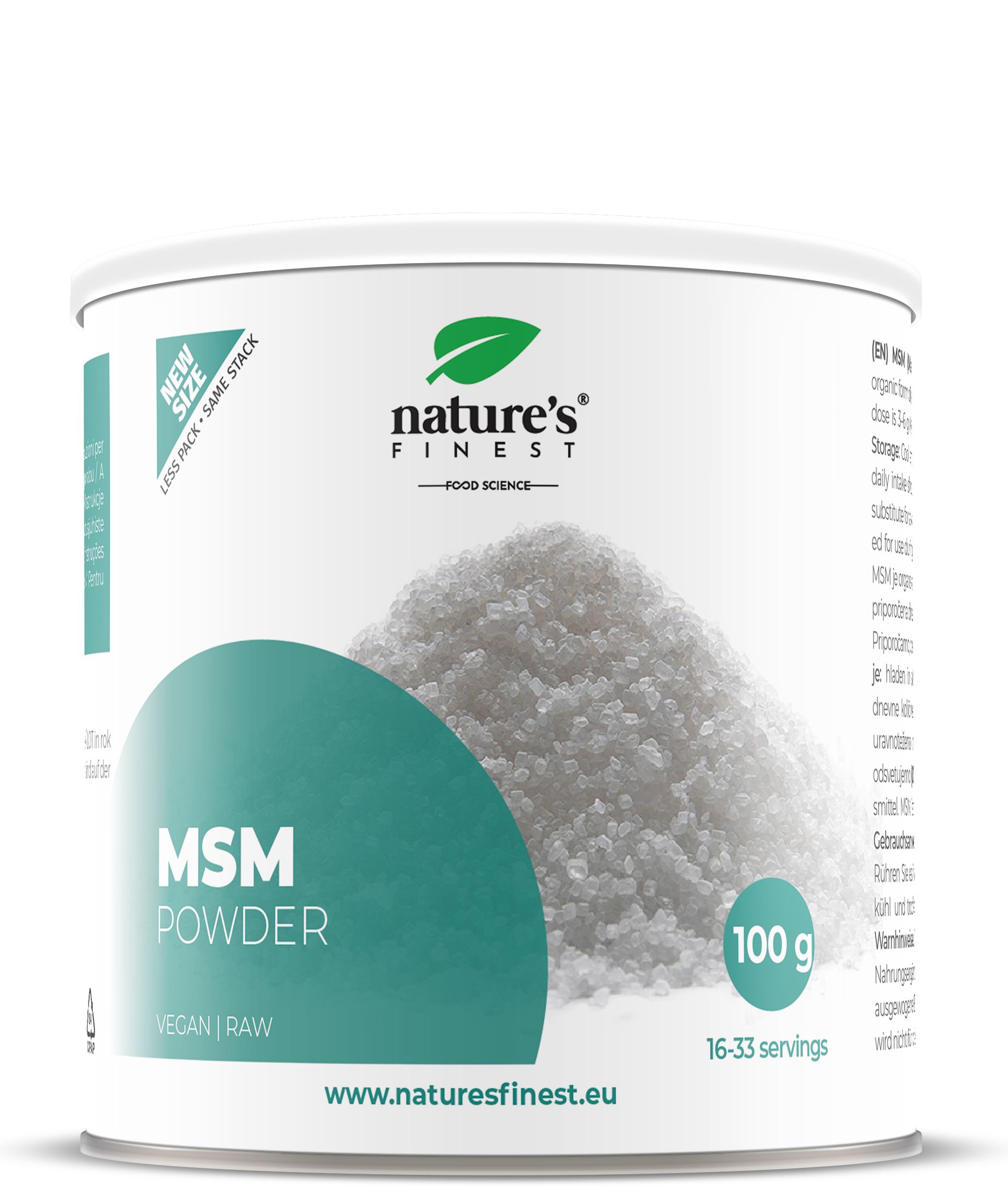 Nature's Finest MSM Pulver Dose, 100g, mit weißem Pulver. Vegan und roh.