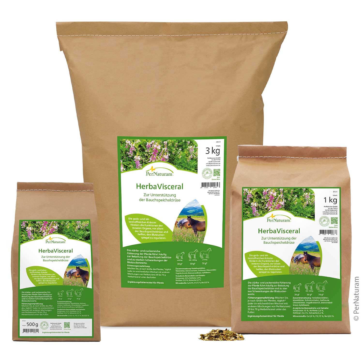 Drei Papiertüten mit Produktetiketten. Aufschrift "HerbaVisceral". Größen: 500g, 1kg, 3kg. Logo und Text "PerNaturam".