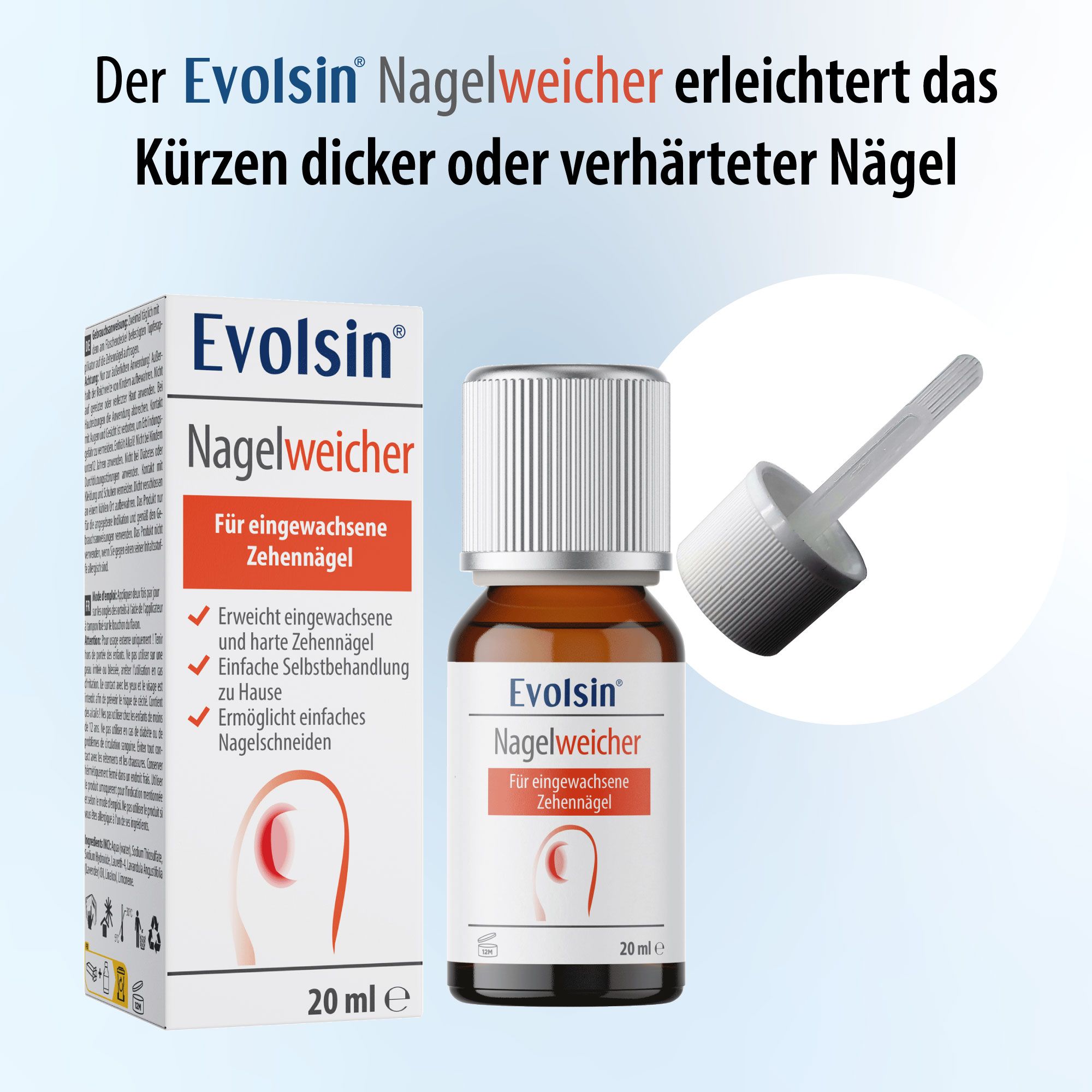 Evolsin Nagelweicher Flasche und Applikator. Braune Flüssigkeit, weißer Deckel. 20 ml.