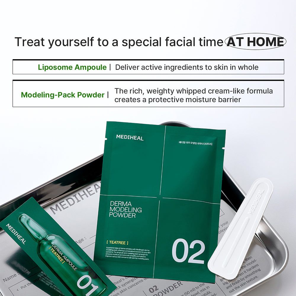 Verpackung von MEDIHEAL Derma Modeling Pack. Ampulle und Puderbeutel. Zubehör: Spatel. Produktname und Marke sichtbar.