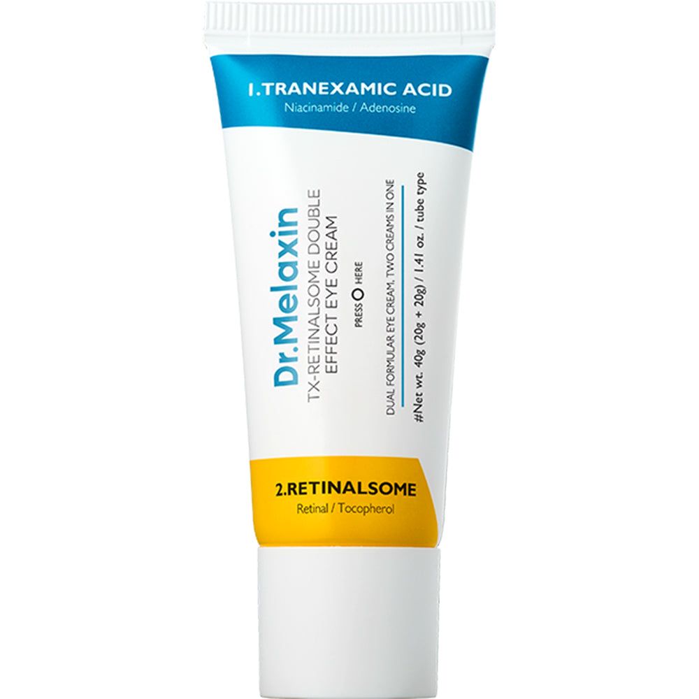 Eine Tube Dr. Melaxin TX Retinalsome Augencreme mit doppeltem Effekt, mit Informationen über Inhaltsstoffe und Nettofüllmenge.