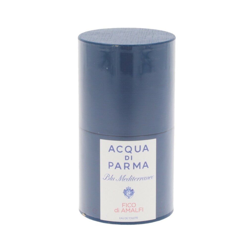 Blaues zylindrisches Behältnis mit weißem Etikett. Aufschrift: Acqua Di Parma, Blu Mediterraneo, Fico di Amalfi.