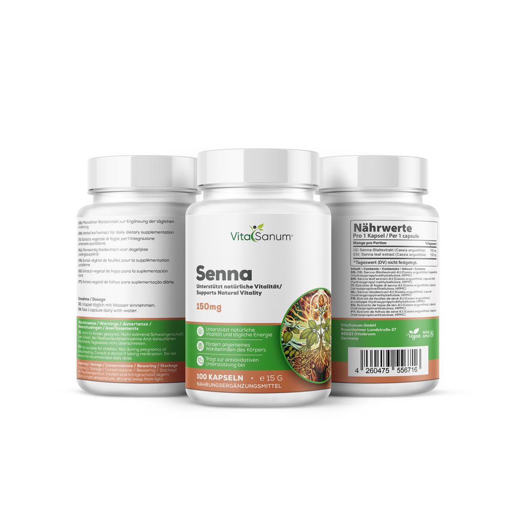 Drei Flaschen VitaSanum Senna Kapseln. Beschriftung: Senna, 150mg, 100 Kapseln. Rückseite mit Nährwertangaben.