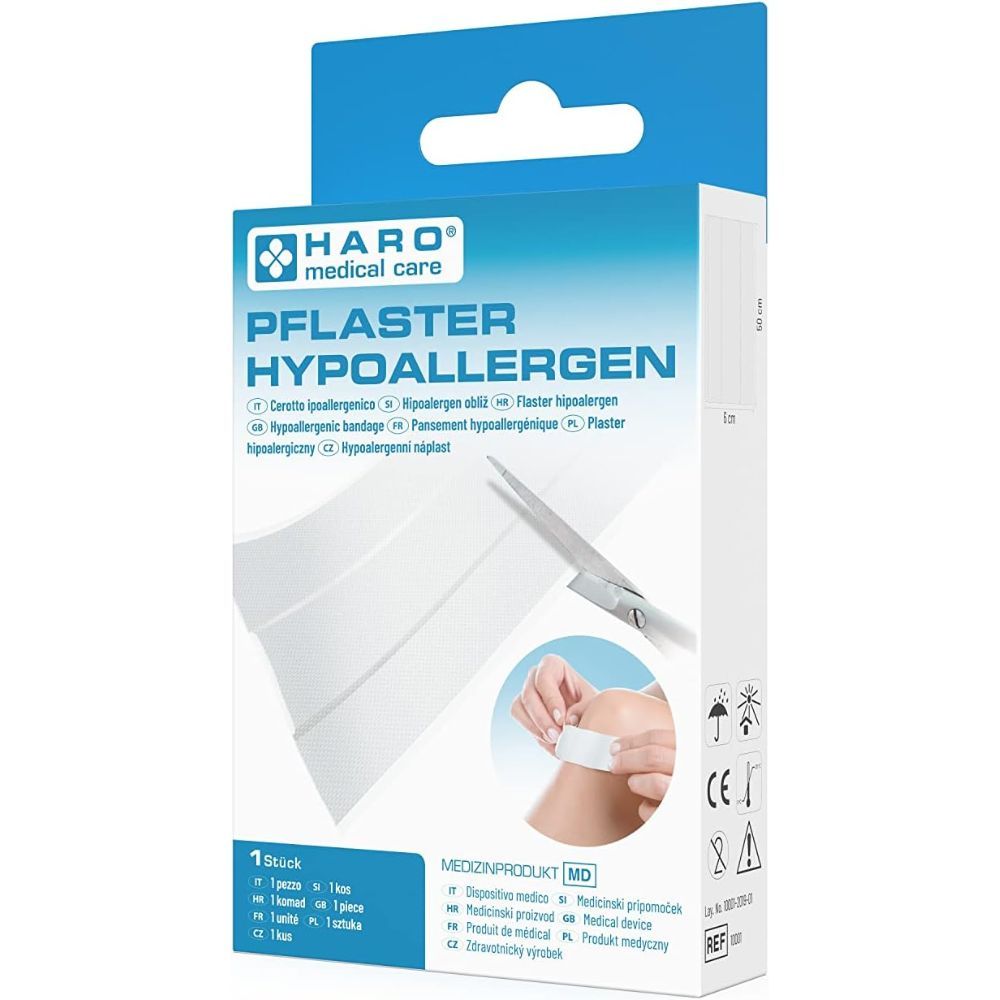 Verpackung von Haro Pflaster hypoallergen. Aufschrift: Pflaster hypoallergen. Schere und Pflasterstreifen abgebildet. Medizinprodukt.
