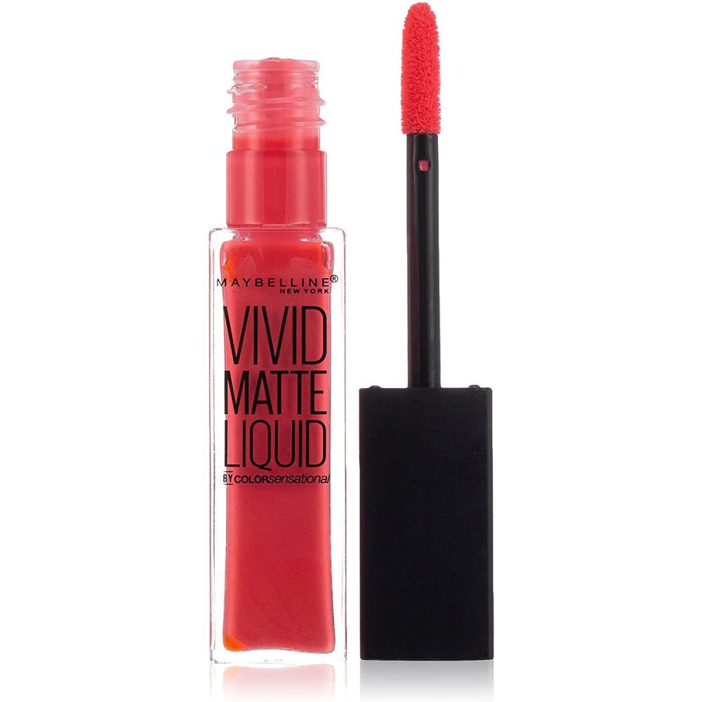 Maybelline New York Vivid Matte Liquid Lippenstift. Roter Flüssiglippenstift in rechteckiger Flasche. Schwarzer Applikator.