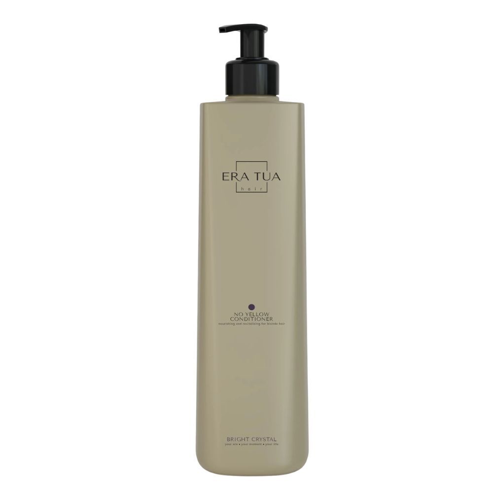Beige Flasche mit schwarzem Pumpkopf. Aufschrift "ERA TUA". Text: "Moisture Volume Conditioner", "Bright Crystal".