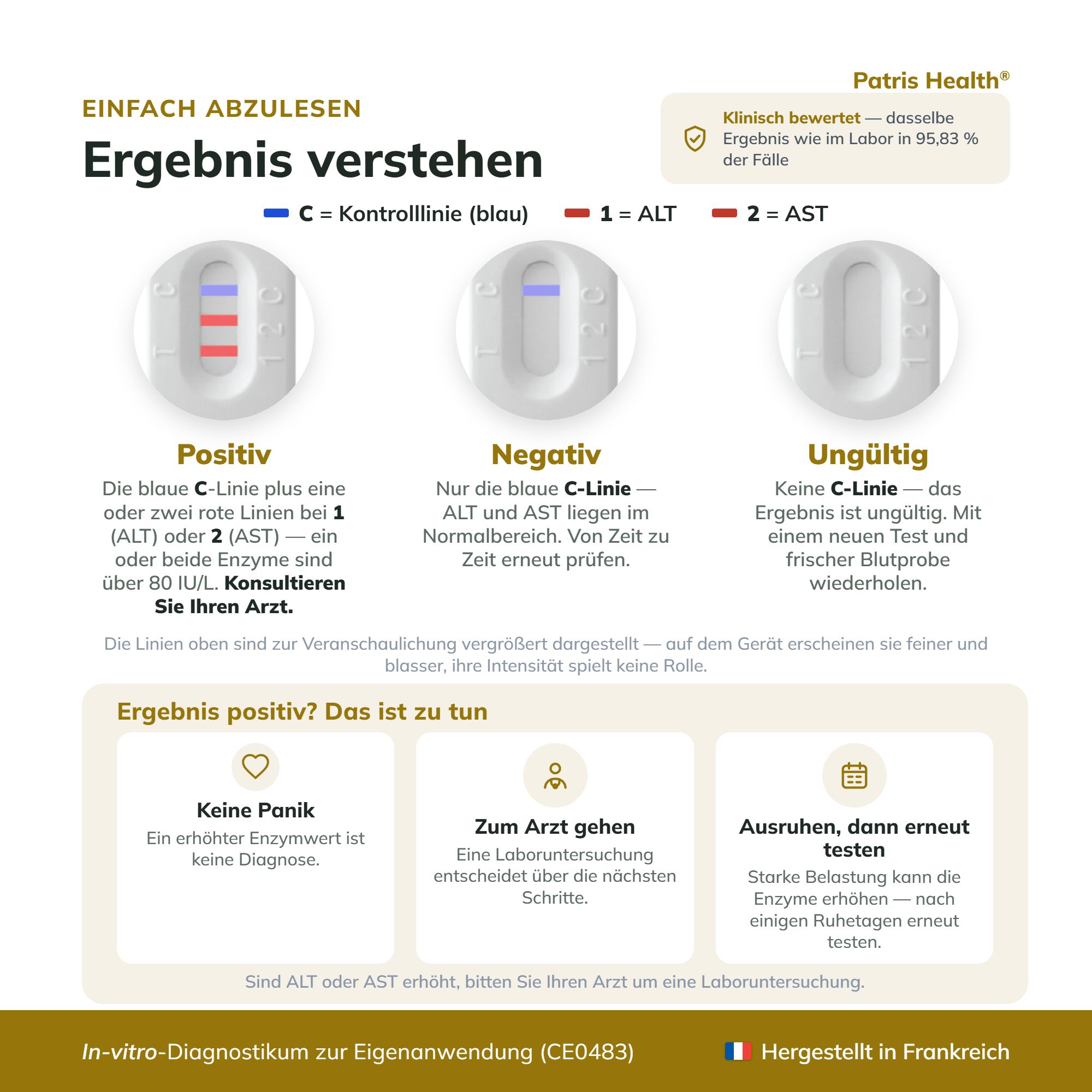 Inhalt des Patris Health Leberfunktionstest-Kits: Testgerät, Pipetten, Lanzetten, Puffer und Alkoholtupfer.