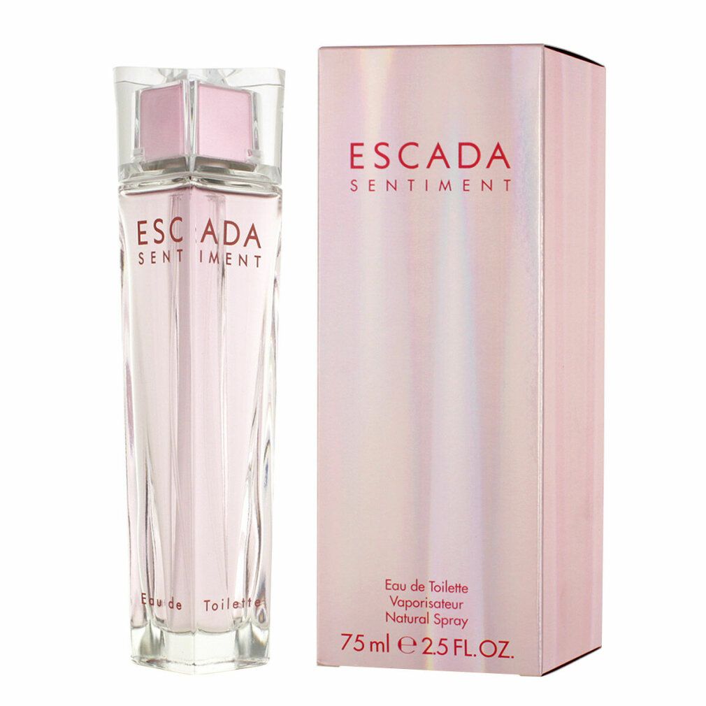 Escada Sentiment EdT Flakon und Verpackung. Rosa Flüssigkeit im Glasflakon. Rosa Verpackung mit Schriftzug.