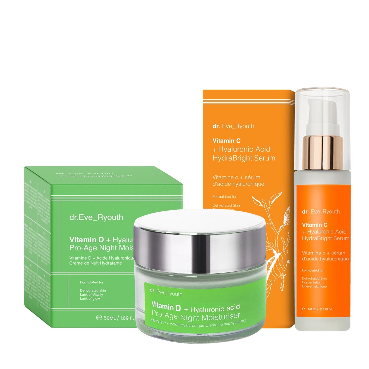 Set mit Creme, Serum und Verpackung. Creme-Glas mit Deckel, Serum-Flasche mit Pumpe, grüne und orangefarbene Kartons. Beschriftung: Dr. Eve_Ryouth.