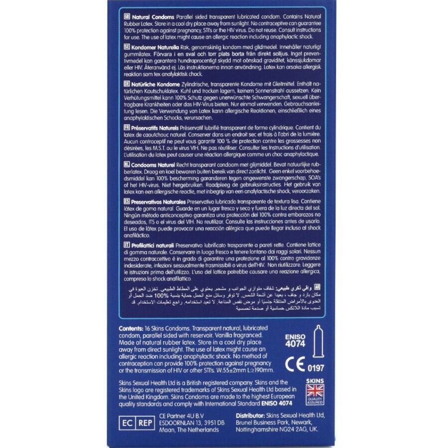 Rückseite einer blauen Schachtel mit Text in mehreren Sprachen. Enthält Informationen zu Inhaltsstoffen und Zertifizierungen.
