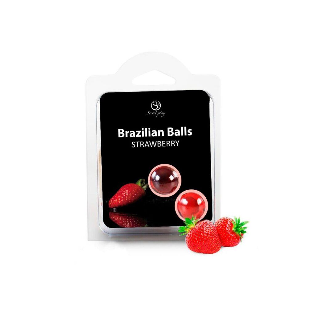 Verpackung mit zwei transparenten Kugeln und Erdbeeren. Aufschrift: Brazilian Balls Strawberry. Marke: Secretplay.