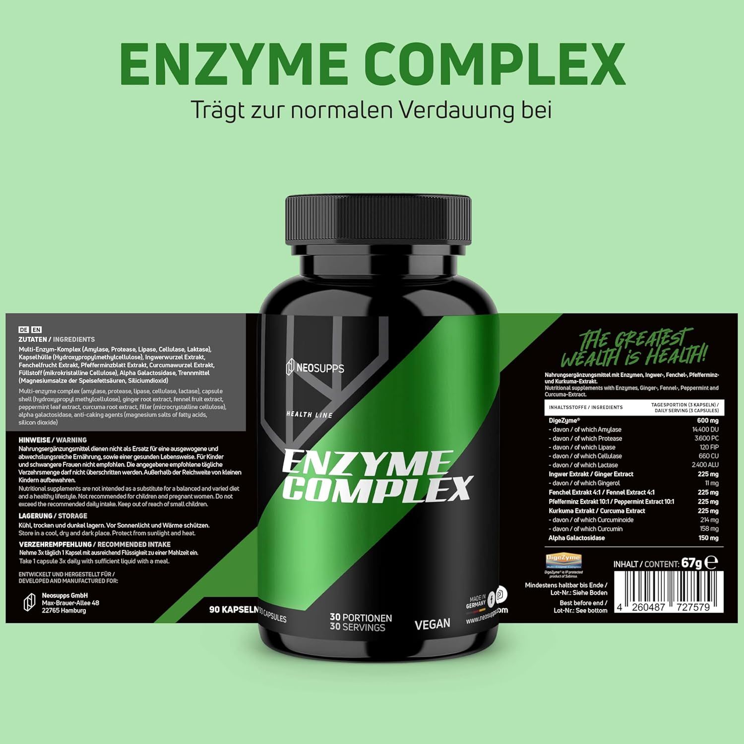Schwarze Flasche mit grünem Etikett. Text: ENZYME COMPLEX. Zutatenliste, Nährwertangaben. 90 Kapseln, 30 Portionen. Vegan-Logo.