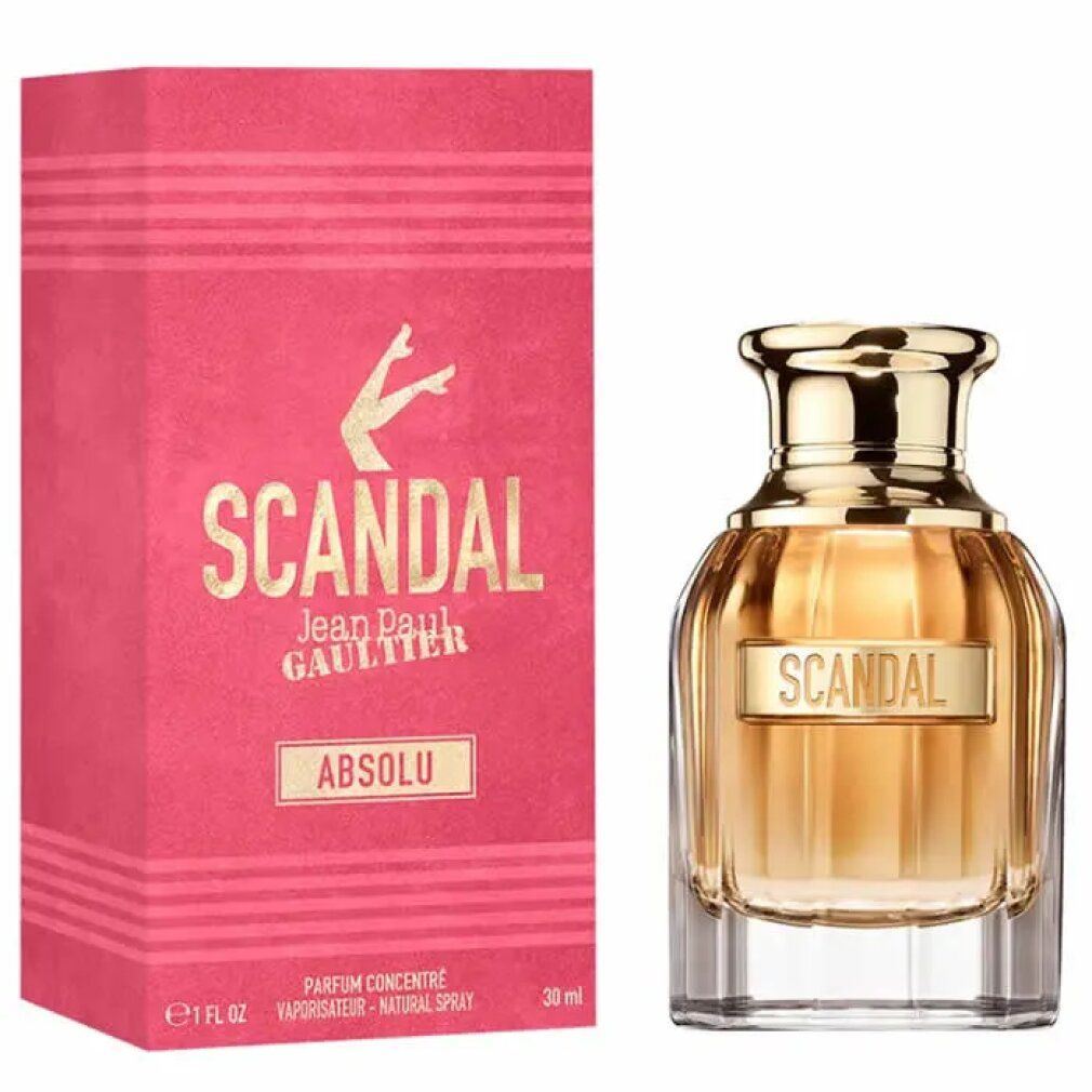 Parfumflakon und Verpackung. Flakon mit goldenem Verschluss, Schriftzug Scandal. Verpackung rosa mit Schriftzug Scandal Absolu.