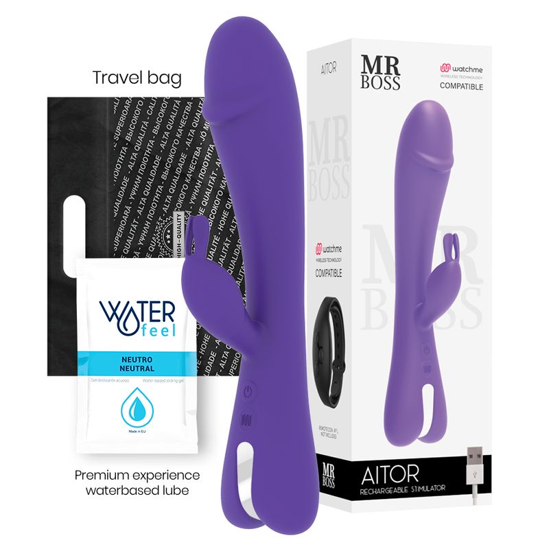 Verpackung mit violettem Stimulator, Reisebeutel, Gleitmittel und Armband. Aufschrift: Aitor, Mr. Boss.