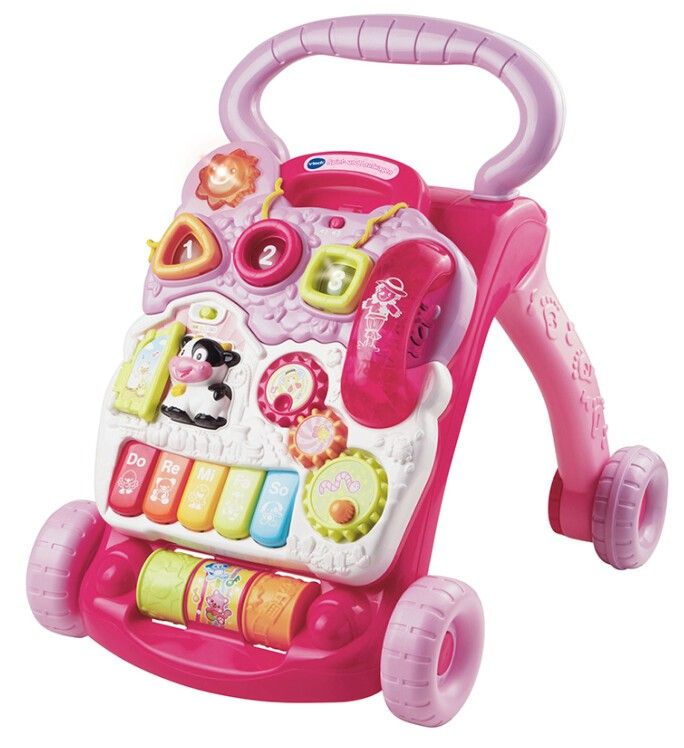 Pinkfarbener Vtech Spiel- und Laufwagen mit Griff, Tasten, Telefonhörer und Rädern. Mit bunten Elementen.