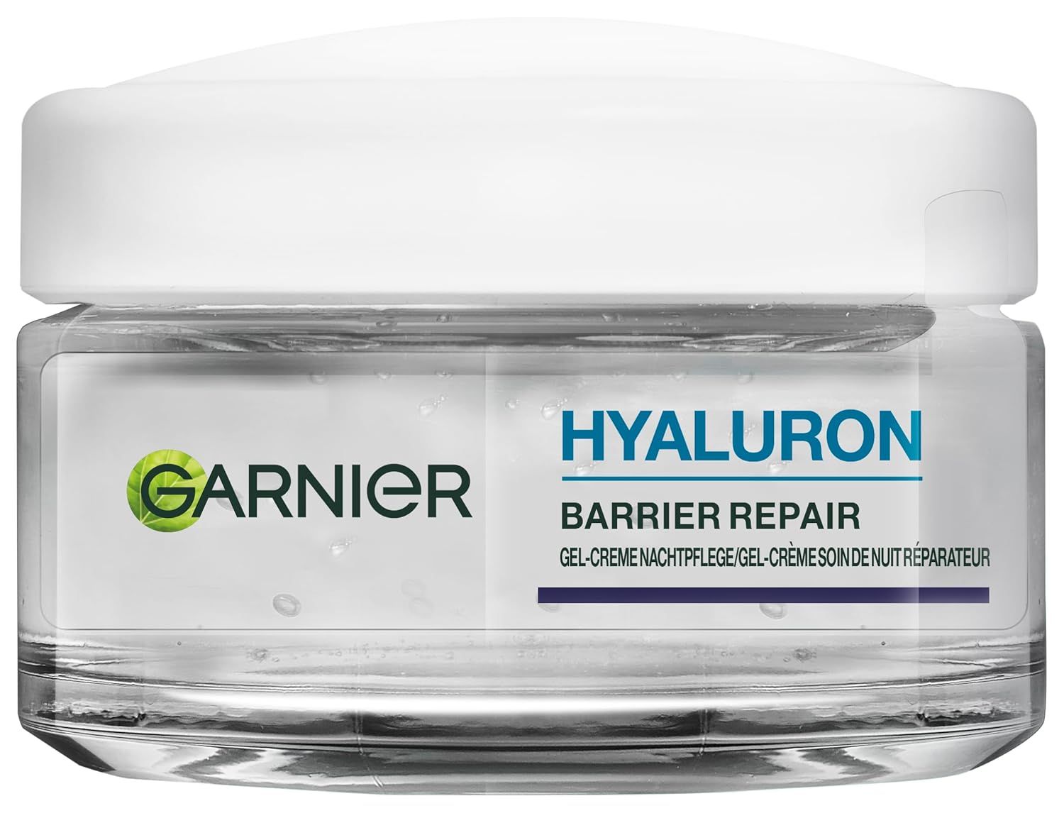 Garnier Hyaluron Barrier Repair Gel-Creme in einem transparenten Glas. Weißer Deckel, blaue und grüne Schrift.