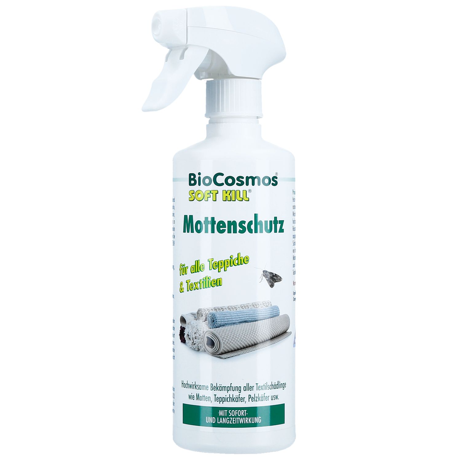 Weiße Sprühflasche BioCosmos Mottenschutz. Text für Teppiche & Textilien. Abbildung von Teppichrollen und Motte.