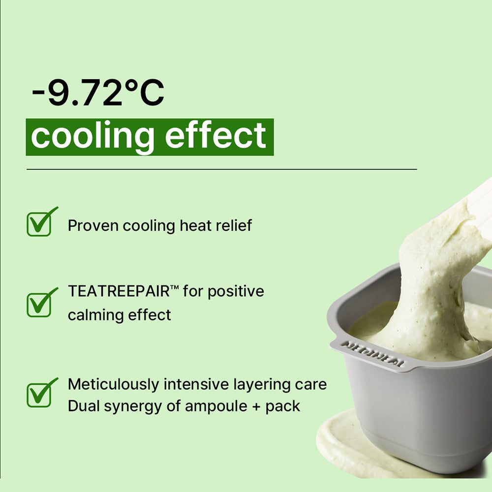 Produkt in einem Behälter. Text: Kühlungseffekt, Teatree Repair. Produktname nicht sichtbar.