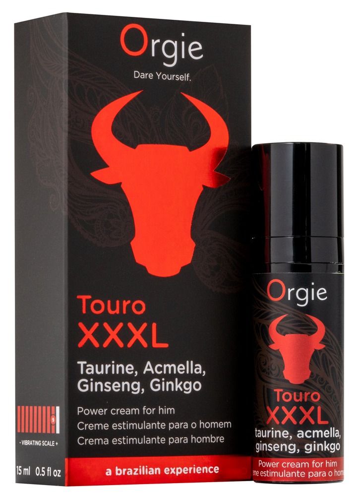 Produktverpackung und Flasche: Orgie Touro XXL. Schwarze Verpackung mit rotem Stierkopf. Enthält Taurin, Acmella, Ginseng, Ginkgo. Power Cream.