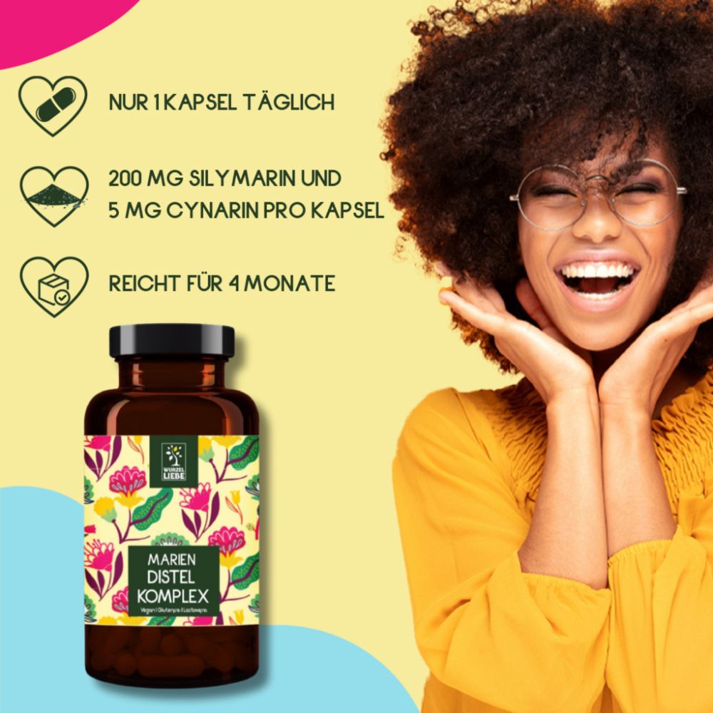 Frau mit Flasche. Text: Nur 1 Kapsel täglich, 200 mg Silymarin, 5 mg Cynarin pro Kapsel, Reicht für 4 Monate. Flasche: Mariendistel Komplex.